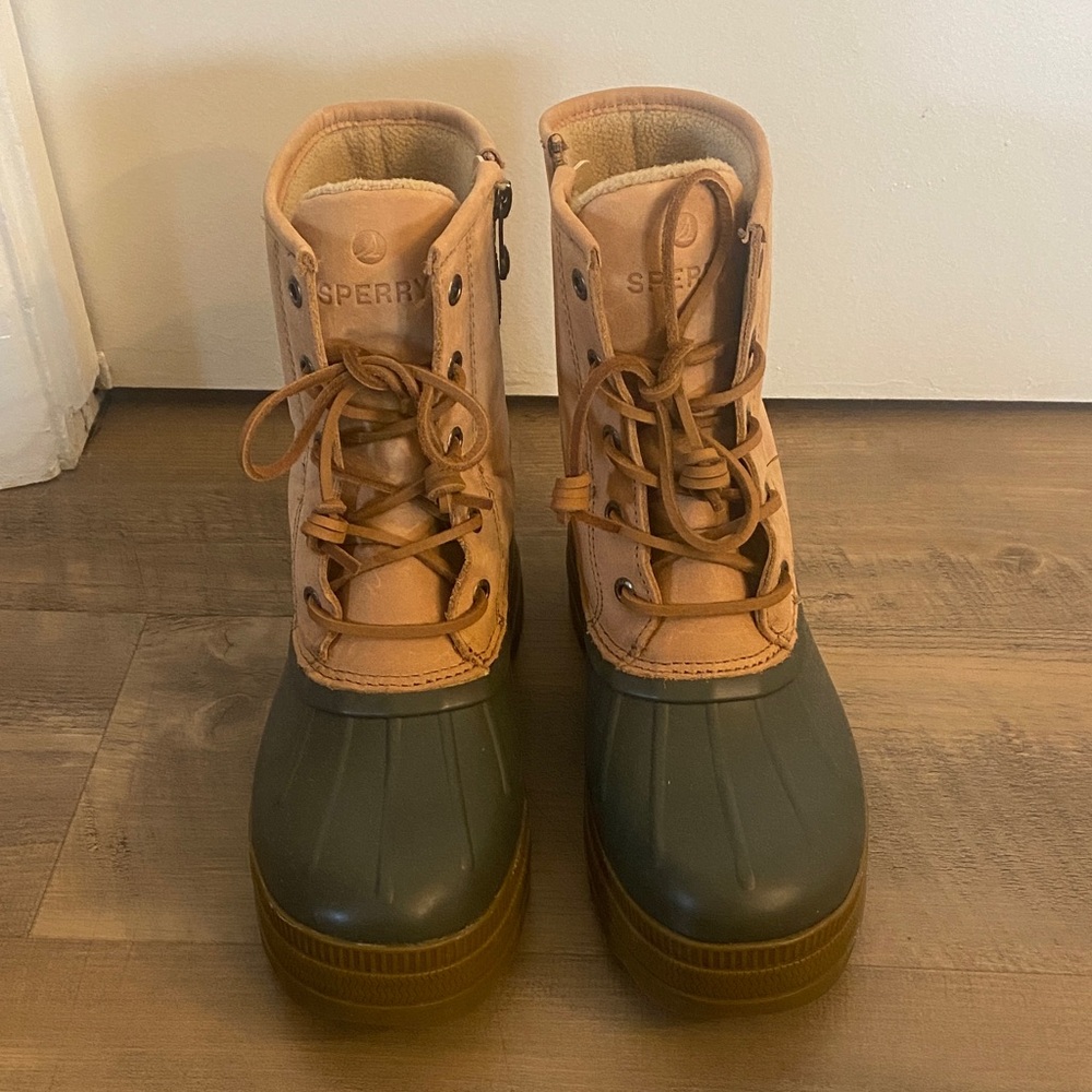 Sperry Brown and Olive Duck Boots